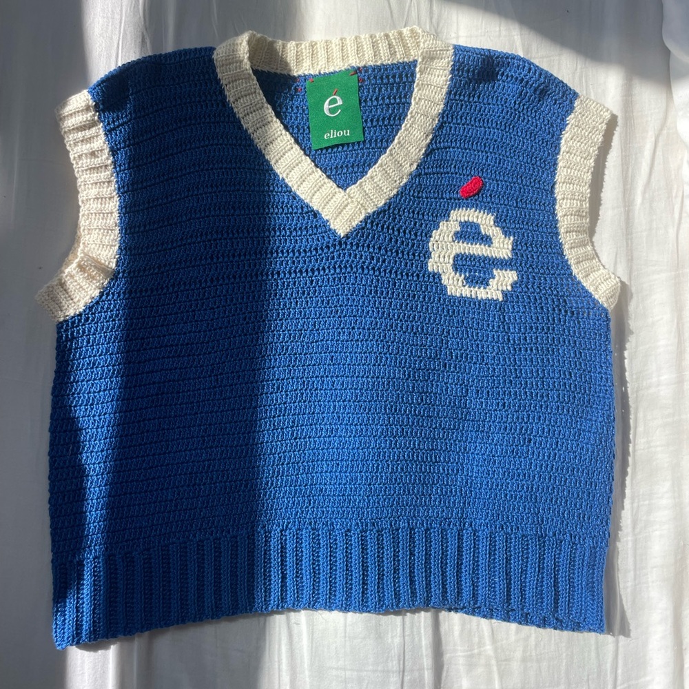 Eliou Blue Crochet V-Neck Sweater Vest with Cream Trim and Red Accent